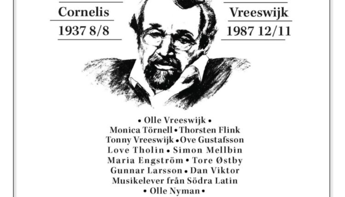 Affisch för Minneskonserten 2025 i Katarina kyrka med Cornelis Vreeswijk i porträtt, datum 9 november, medverkande artister och biljettinformation.