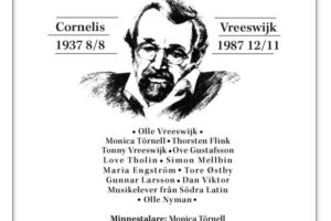 Affisch för Minneskonserten 2025 i Katarina kyrka med Cornelis Vreeswijk i porträtt, datum 9 november, medverkande artister och biljettinformation.