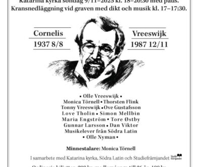 Affisch för Minneskonserten 2025 i Katarina kyrka med Cornelis Vreeswijk i porträtt, datum 9 november, medverkande artister och biljettinformation.